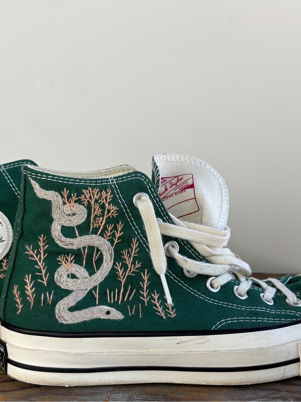 Green Converse hand embroidered with snake